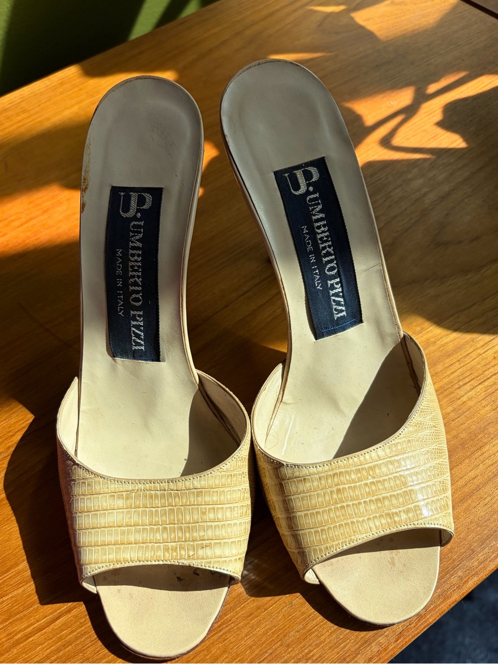Umberto Pizzi Vintage Italian Designer Leather Open-Toe Heels Nude Snakeskin